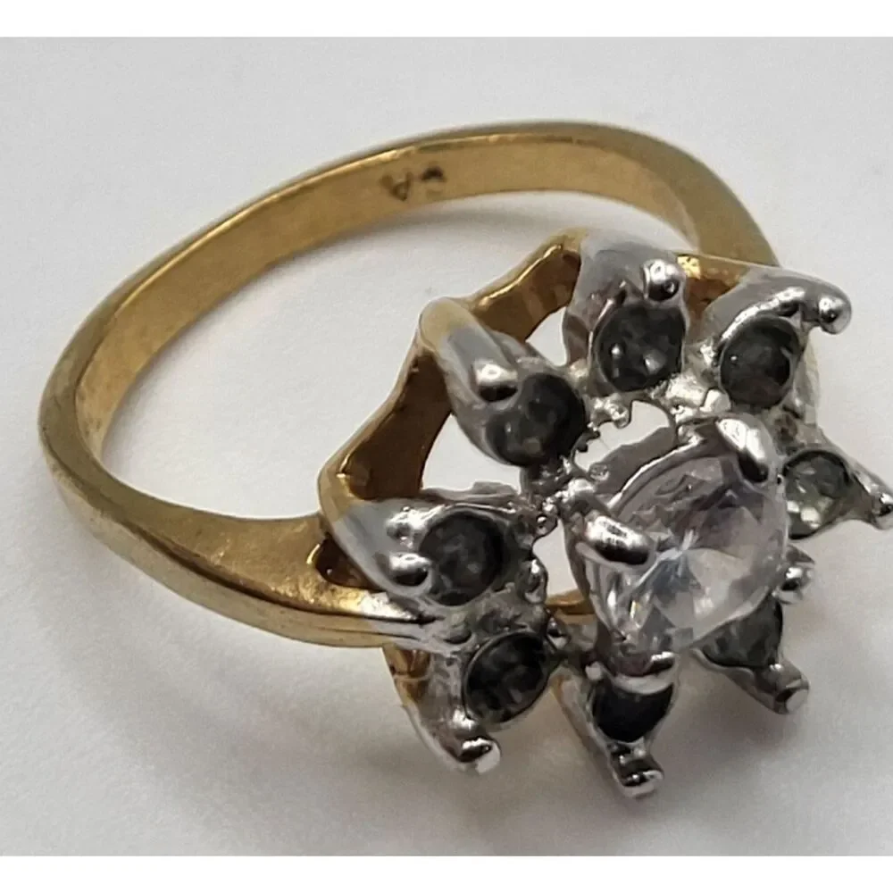 Cubic Zirconia Flower Ring Sz 6 Gold Tone Signed CA Flower CZ Cocktail